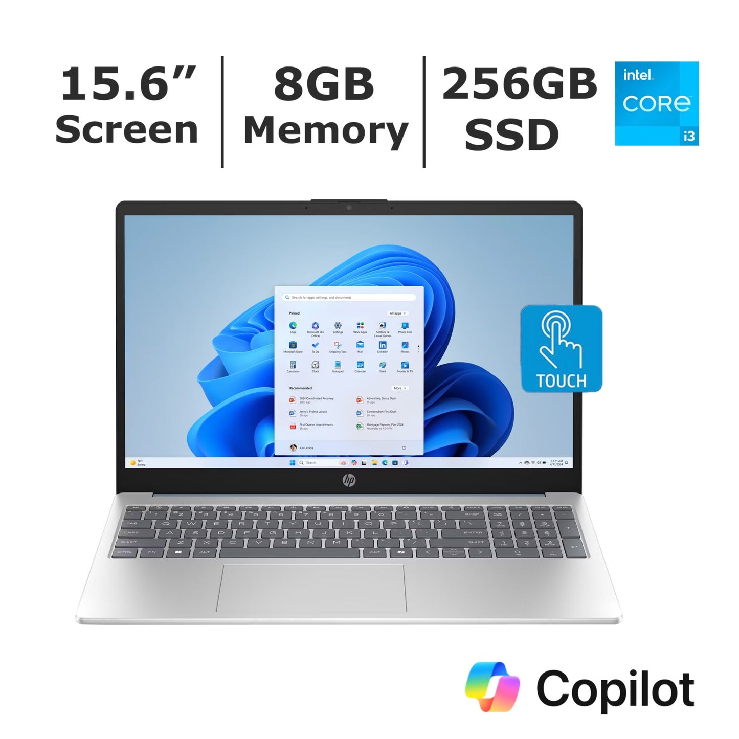 HP 15.6" Touchscreen Laptop, Intel Core i3 Processor, 8GB Memory, 256GB SSD, Microsoft CoPilot 15-FD0883NR