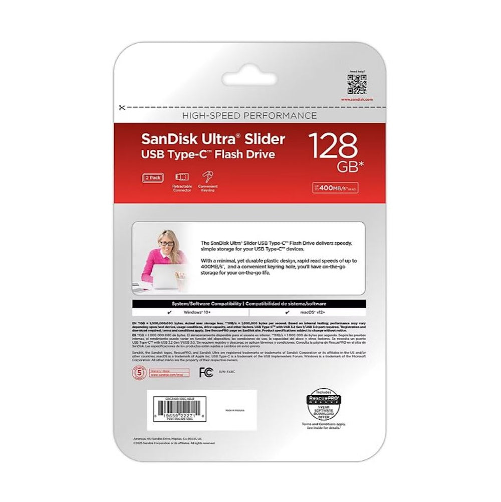 SanDisk Ultra Slider USB Type-C Drive 128GB, 2- Pack SDCZ480-128G-ABJ2