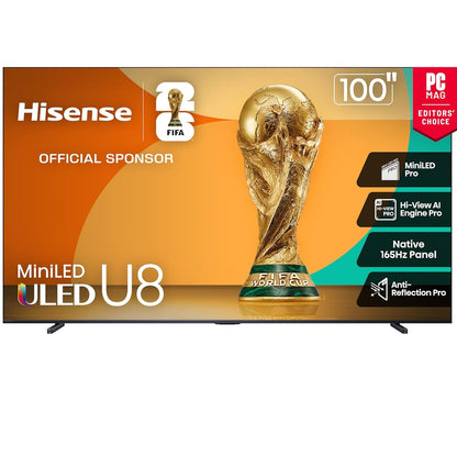 Hisense 100" Google Smart TV 100U8QG 165Hz Class U8 Mini-LED ULED 4K UHD, HDR10+, Dolby Vision IQ · Atmos, IMAX Enhanced, 4.1.2 Ch Surround