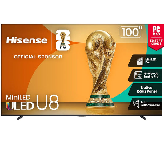 Hisense 100" Google Smart TV 100U8QG 165Hz Class U8 Mini-LED ULED 4K UHD, HDR10+, Dolby Vision IQ · Atmos, IMAX Enhanced, 4.1.2 Ch Surround