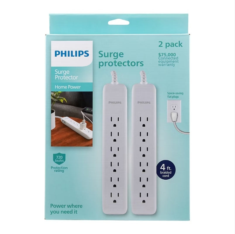 Philips 6-Outlet Surge Protector w/ 4' Braided Cord 720J 2 pk White - SPP3383W37