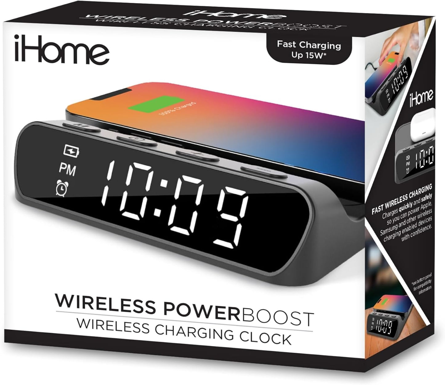 iHome Alarm Clock with Wireless Charger for iPhone Android & More (iW14) Black - for Bedroom, Home Office, or Dorm