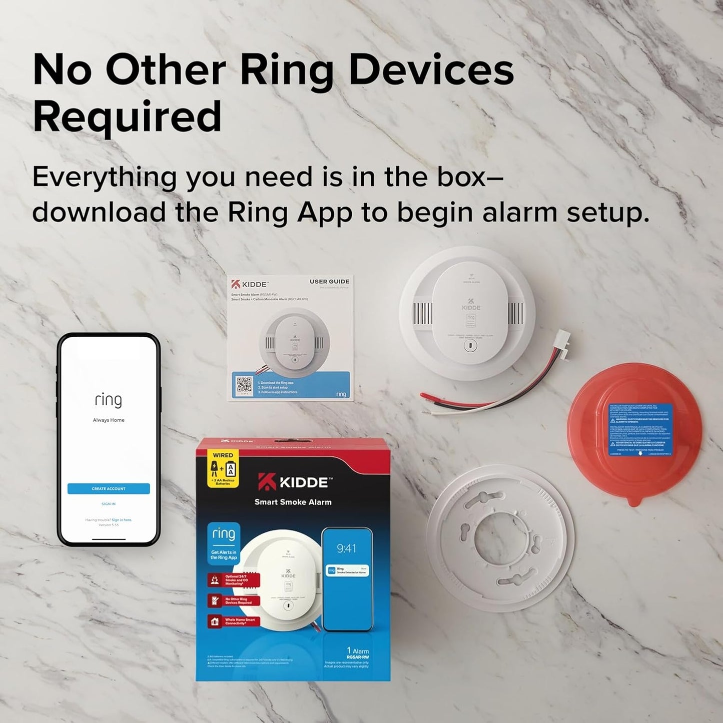 Kidde - Smart Smoke Detector, Ring App Enabled for Real-Time Notifications, Hardwired Alarm, AA Backup Battery - White