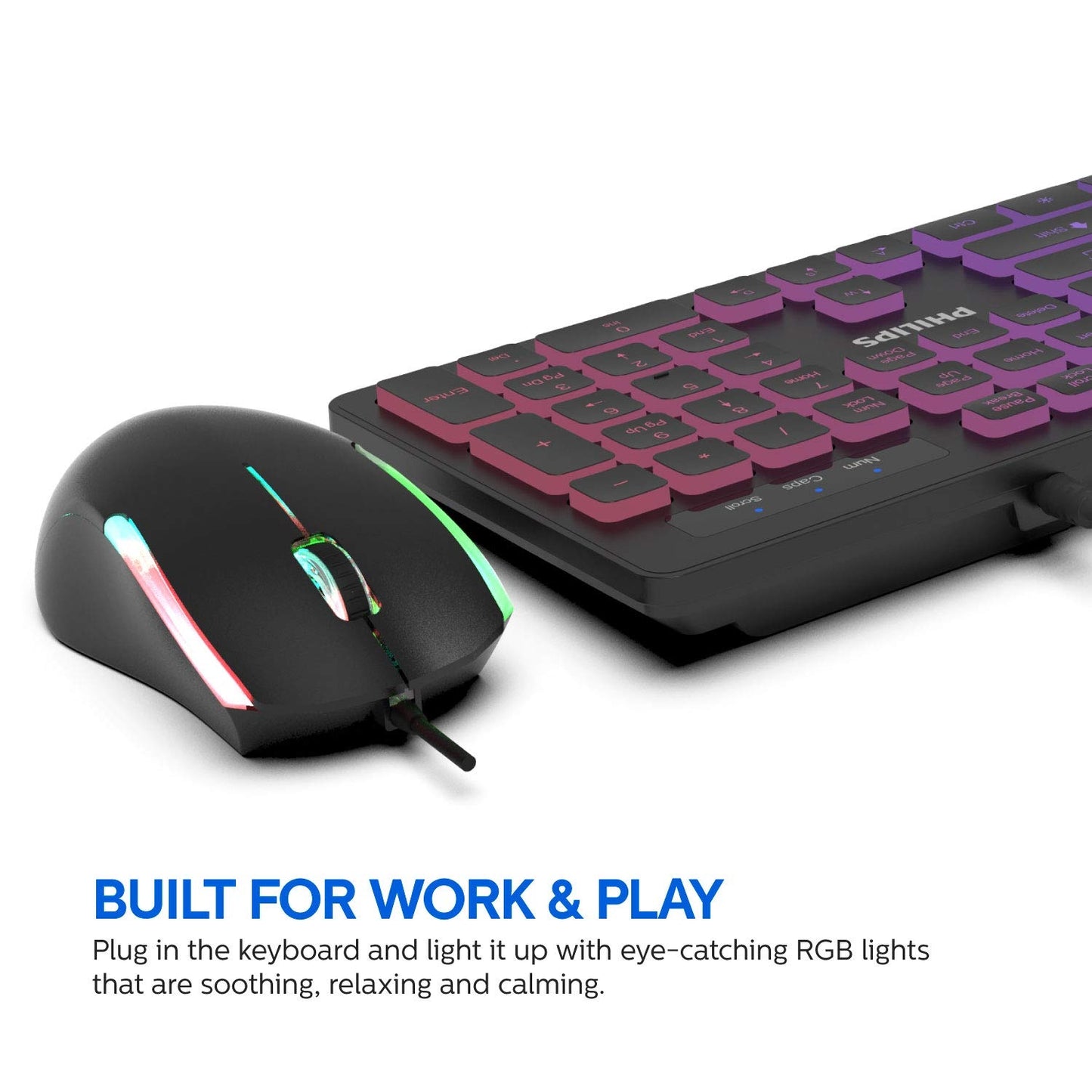 PHILIPS Wired Keyboard and Mouse Combo | LED Keyboard + Ambidextrous RGB Optical Mouse SPT8264