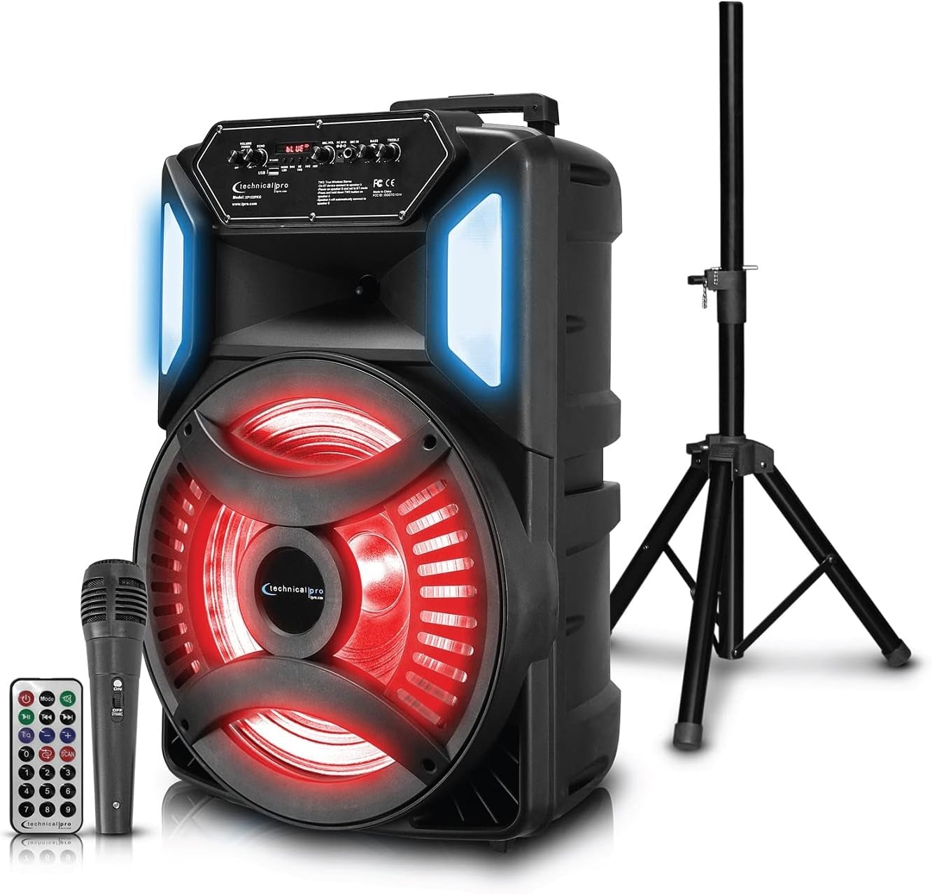 Technical Pro XP152PKG Rechargeable 15" Bluetooth LED Speaker Package with Tripod & Microphone