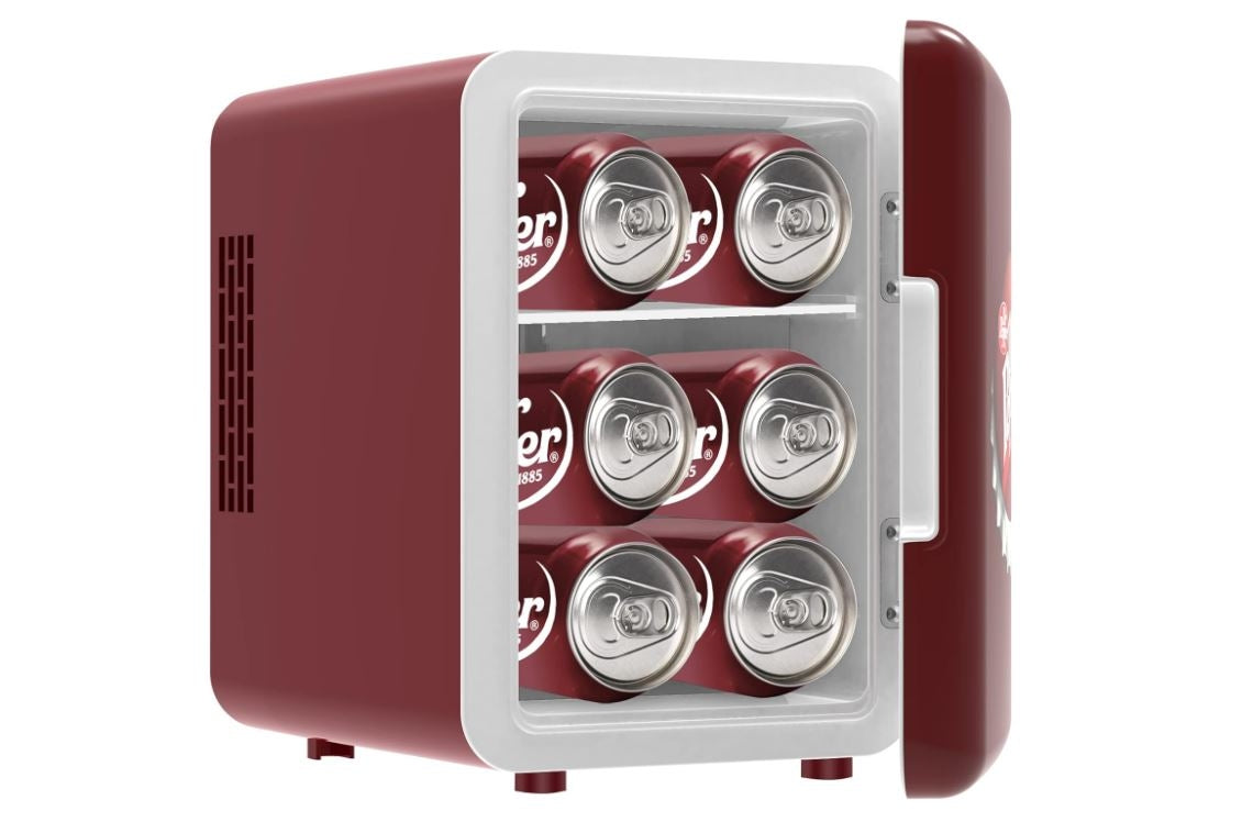 CURTIS MIS153DRP Dr. Pepper Retro Mini Portable Compact Personal Fridge Cooler, 4 Liter Capacity, 6 Cans Maroon, BURGUNDY Certified Refurbished