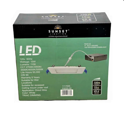 Sunset 6" Square Recessed LED Downlight Canless 1100 LM CRI90 15W  5CCT 2700K-5000K F8225-30
