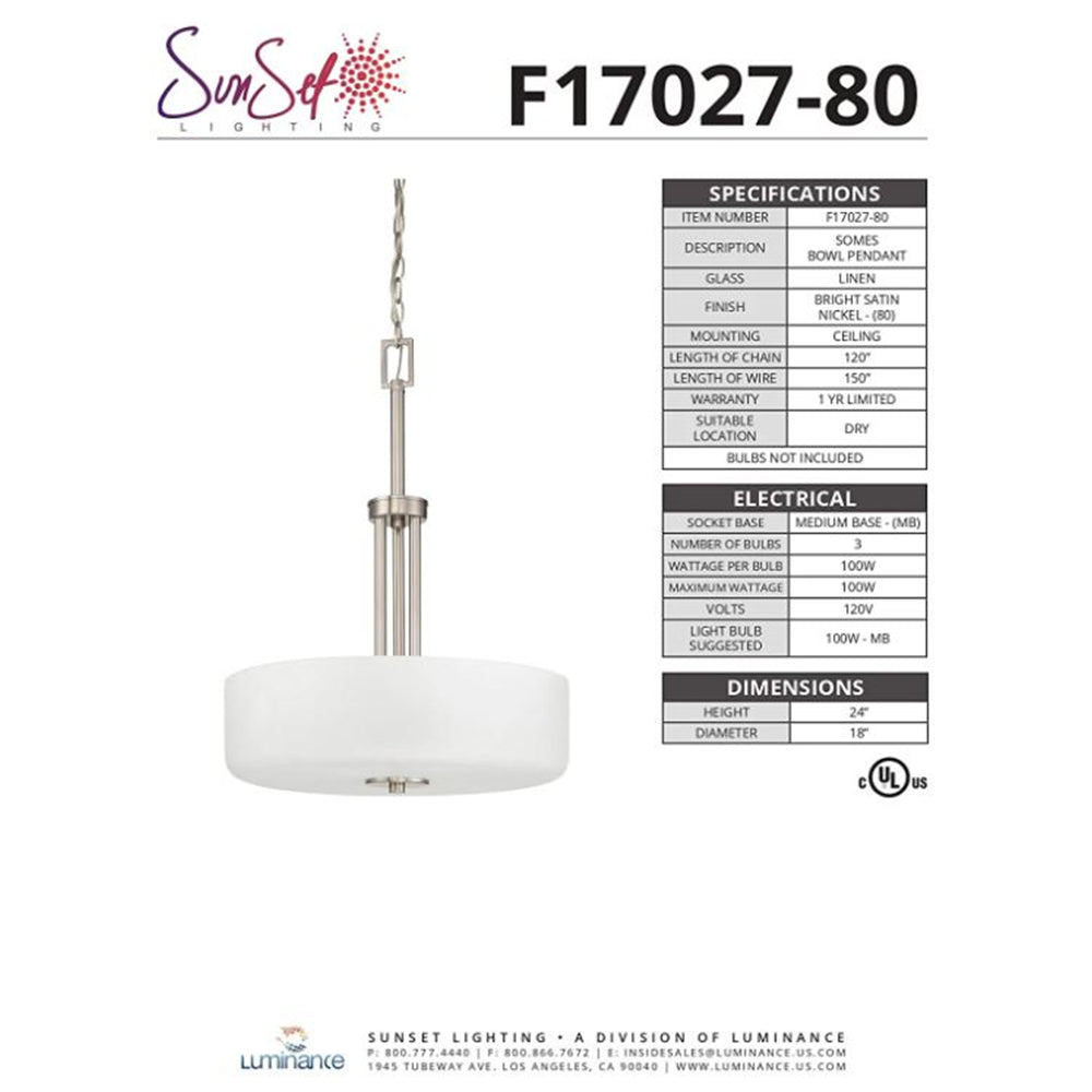 Sunset Lighting F17027-80 Somes 3-Light Bowl Pendant - Linen Glass, Dimmable -Bright Satin Nickel