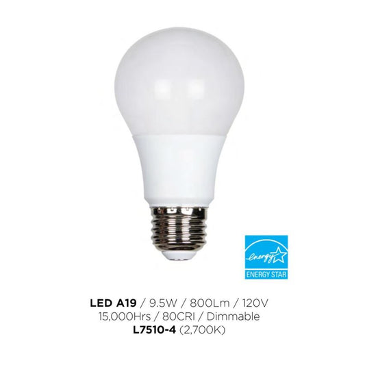 LUMINANCE LED A19 9.5W 2700K 800LM DIMMABLE L7510-4 LED BULB