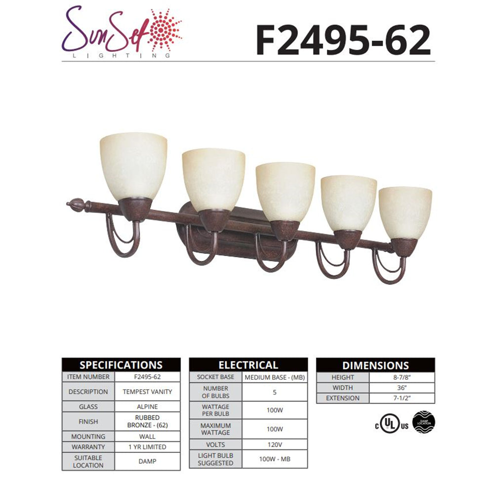 Sunset Lighting 36" 5-Light Vanity Alpine Glass, Rubbed Bronze Finish F2495-62