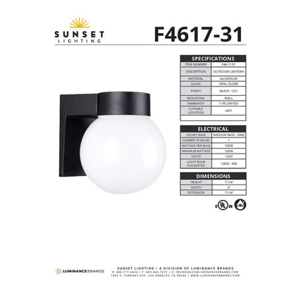 Sunset Lighting 1-Light 7-1/4" Lantern Opal, Glass Globe w/ Black Finish - F4617-31
