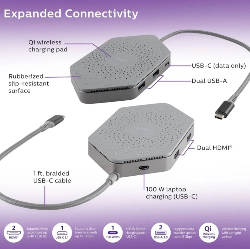 Philips Elite Plus USB-C Docking Station with Qi Wireless Charging Gray SWL9323GR37-T1