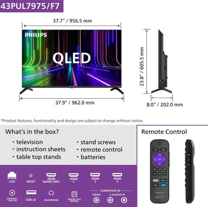 Philips 43" Class 4K QLED UltraHD Dolby Atmos Roku Smart TV 43PUL7975/F7