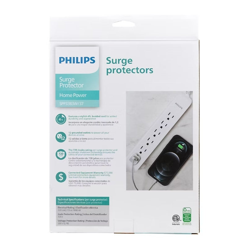 Philips 6-Outlet Surge Protector w/ 4' Braided Cord 720J 2 pk White - SPP3383W37