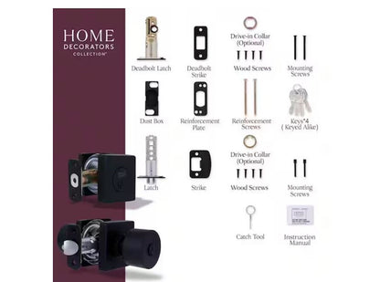 Ridgeway Matte Black Single Cylinder Door Knob Combo Pack with Square Rose Featuring Dual Keyway