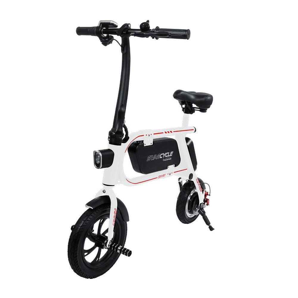 Swagtron SwagCycle SCE-1 Envy Steel Frame Folding Electric Bicycle e Bike w/ Automatic Headlight, Reach 10 mph; 264 lbs Max Load - White 36860-5