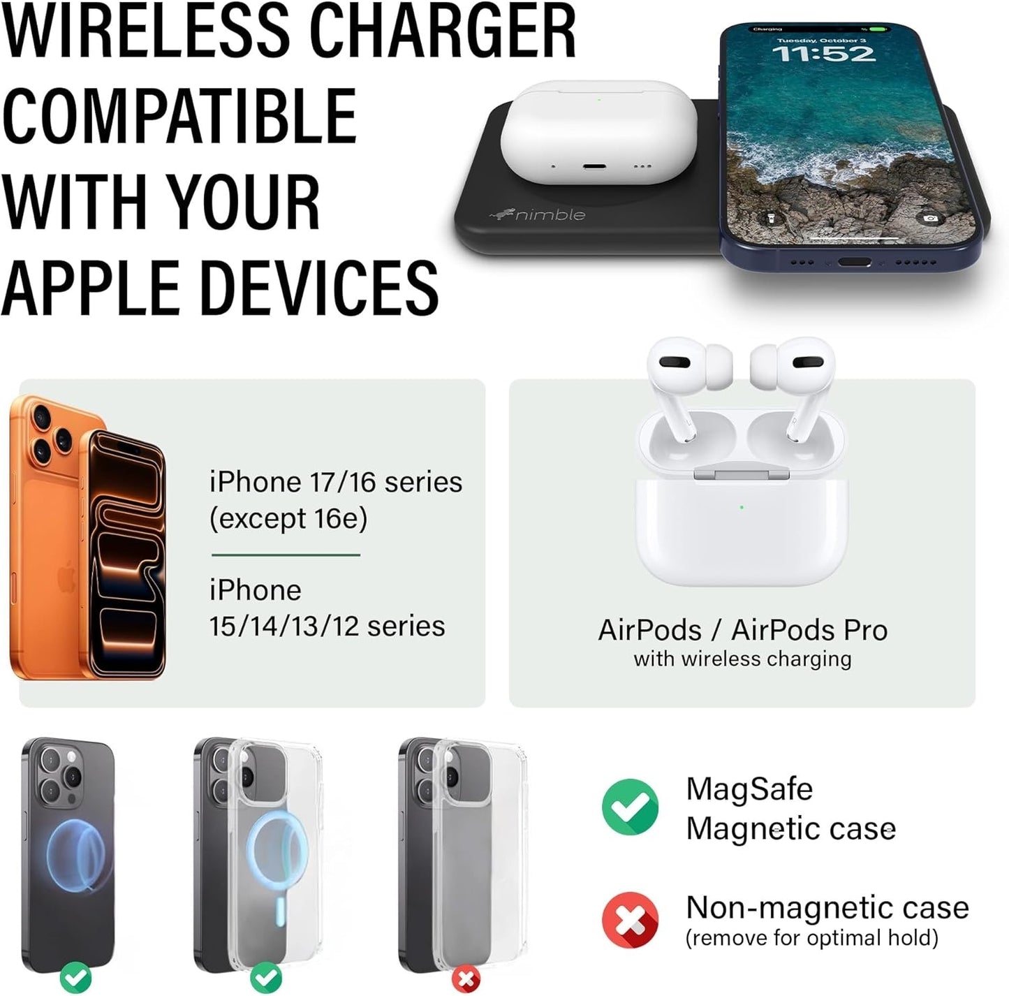 Nimble Podium 2-in-1 Wireless Charging Station for iPhone & Airpods NB-WP-2N1TRY