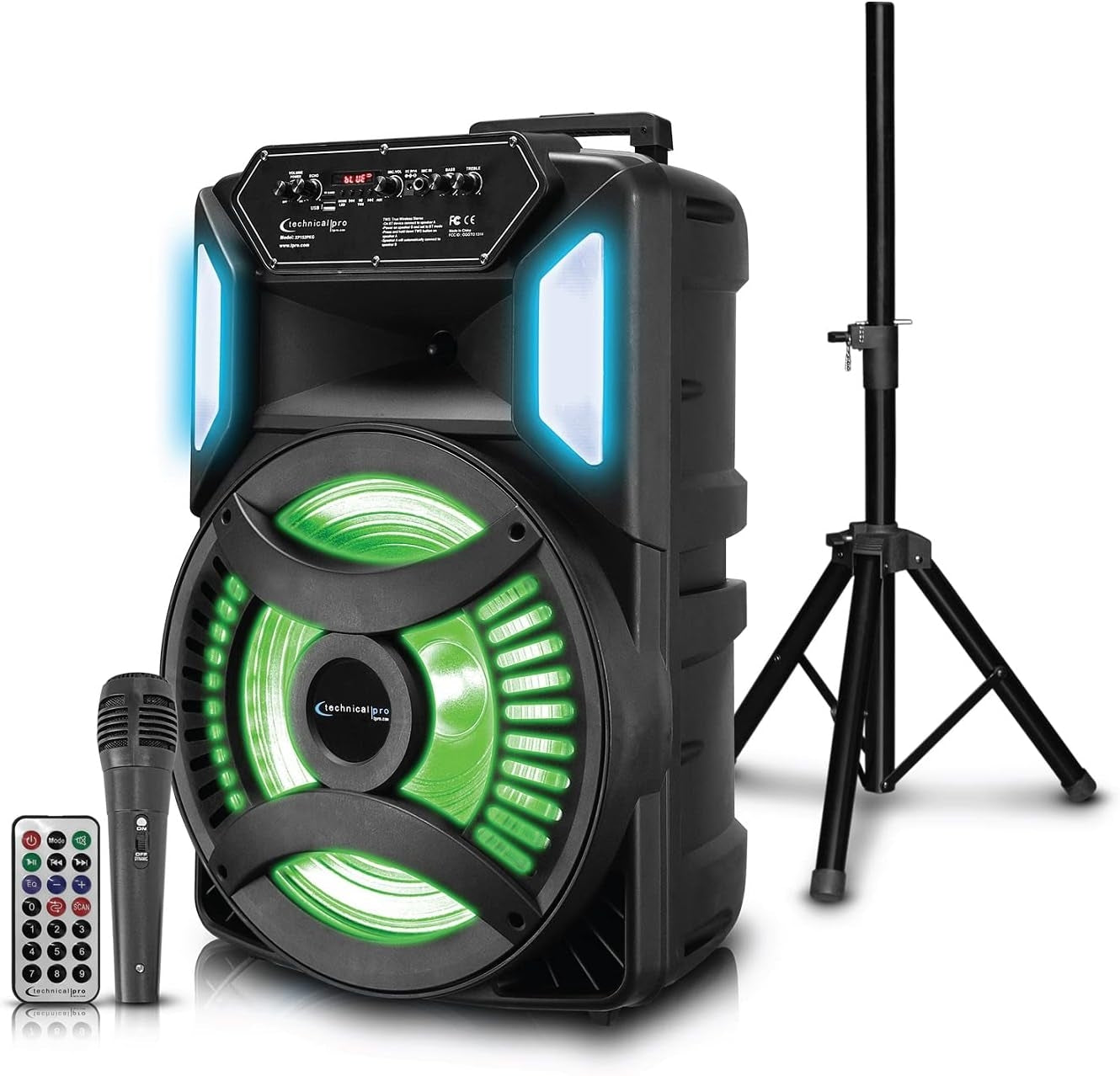 Technical Pro XP152PKG Rechargeable 15" Bluetooth LED Speaker Package with Tripod & Microphone