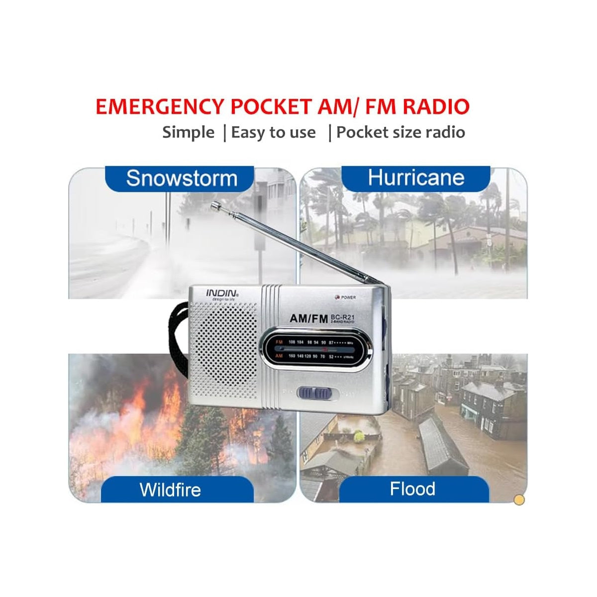 INDIN BC-R21 AM/FM Pocket Radio – Battery Operated Portable Radio with Built-in Loud Speaker