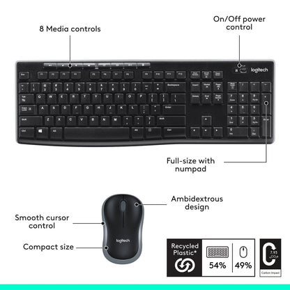 Logitech MK270 Wireless Keyboard/Mouse Combo - 2.4 GHz - Black 920-004536