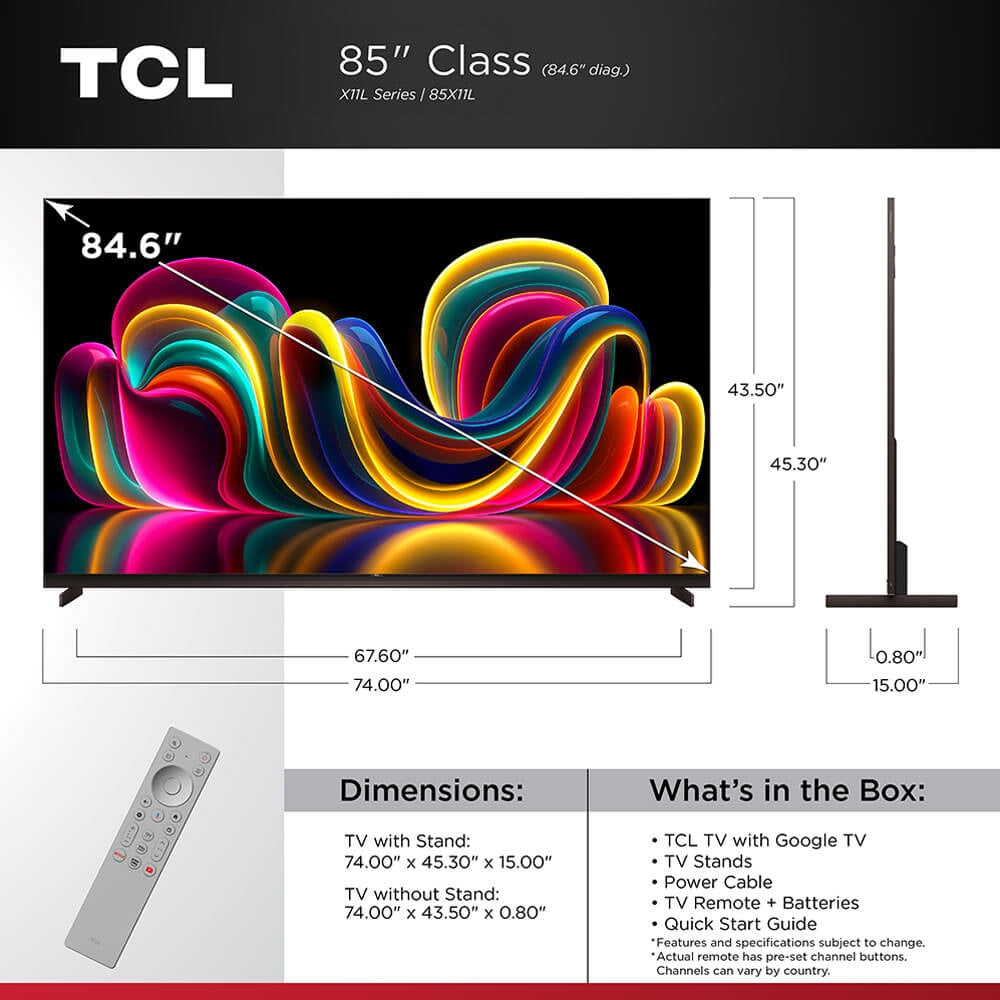 TCL 85 inch Class X11L Series 4K UHD HDR SQD Mini-LED Smart Google TV 85X11L