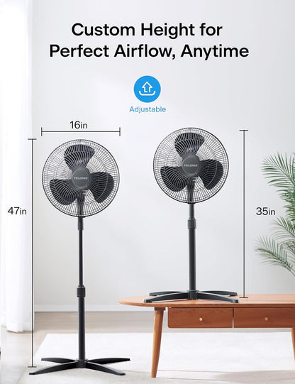 PELONIS 16 inch Pedestal Fan for Bedroom, Oscillating Fan, 3-Speeds, 90° Oscillation, Adjustable Height, Floor Fan PFS40M2ABB