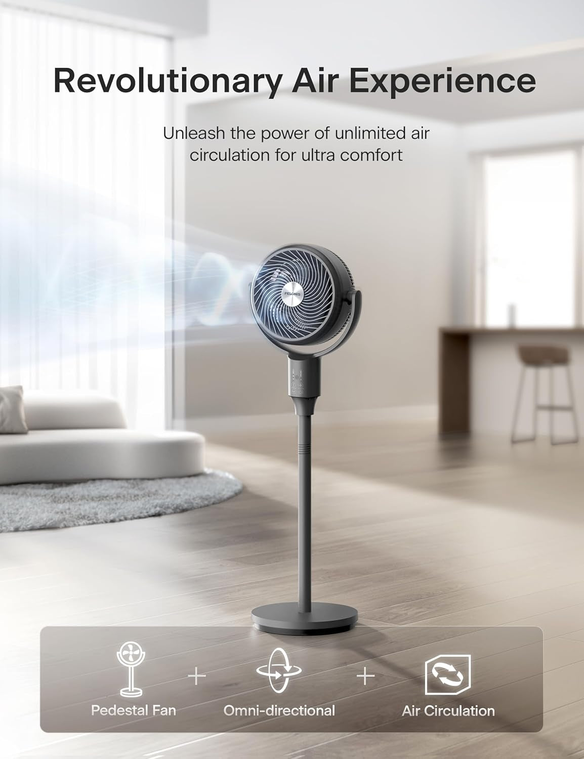 Pelonis Pedestal Fan, Air Circulator, Ultra OmniFlow (135°+90°Auto Oscillation), Quiet Floor Fan with 3 Speeds, Remote PSFAS07R2ALG
