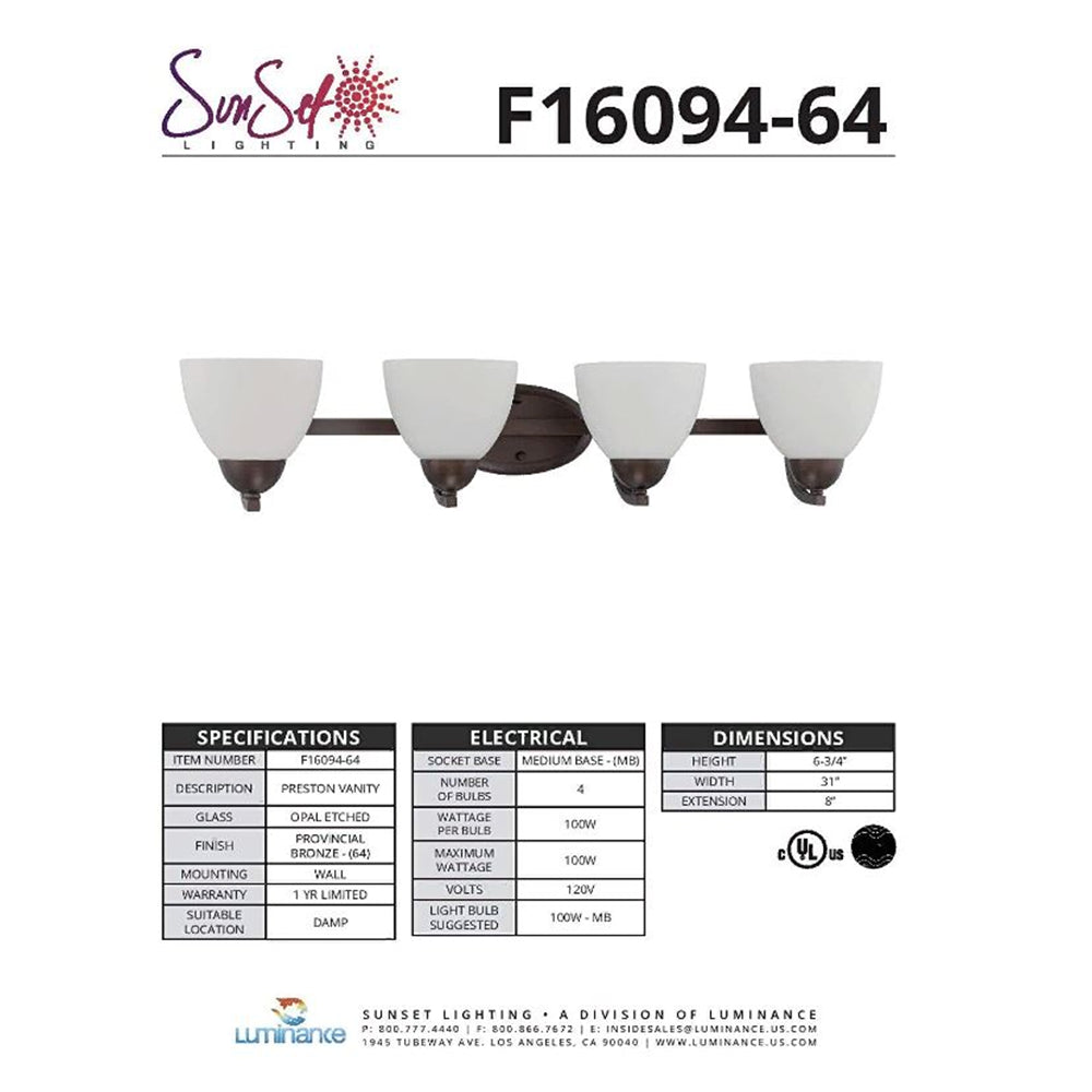 Luminance Sunset Lighting F16094-64 Preston Four Light Wall Sconce - Opal Etched Glass with Provincial Bronze Finish