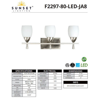 Sunset Lighting F2297-80-LED-JA8 Bristol 3-Light Vanity Wall Light - Dimmable - Bright Satin Nickel 24W 3000K 1