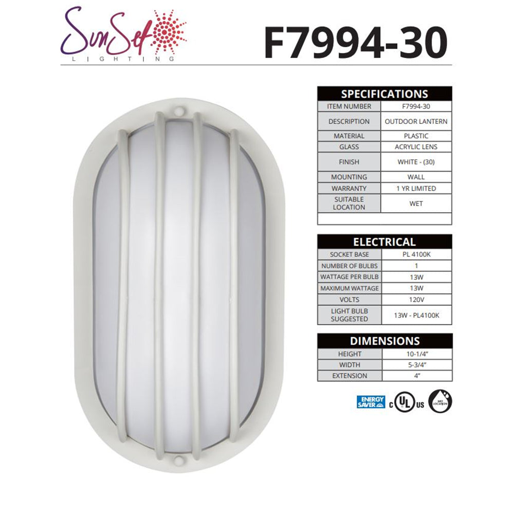 Sunset Lighting 1-Light 10-1/4" Lantern White Acrylic Lens w/ White Finish - F7994-30