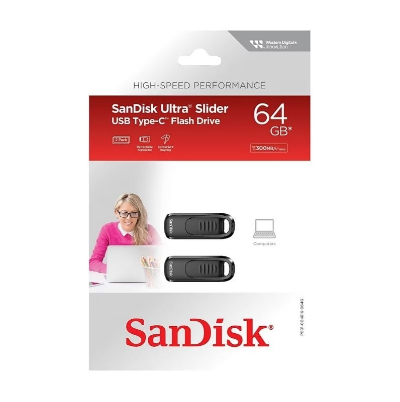 SanDisk Ultra Slider 64GB USB Type-C Drive 2-Pack, Read speeds of up to 400MB/sec - SDCZ480-064G-ABJ2