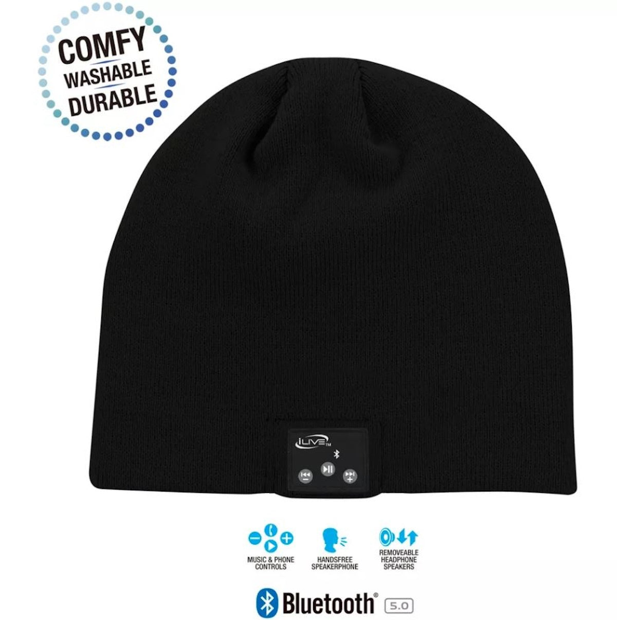 iLive Wireless Bluetooth Beanie with Earbud Speakers and Microphone, IAKB45B, Black