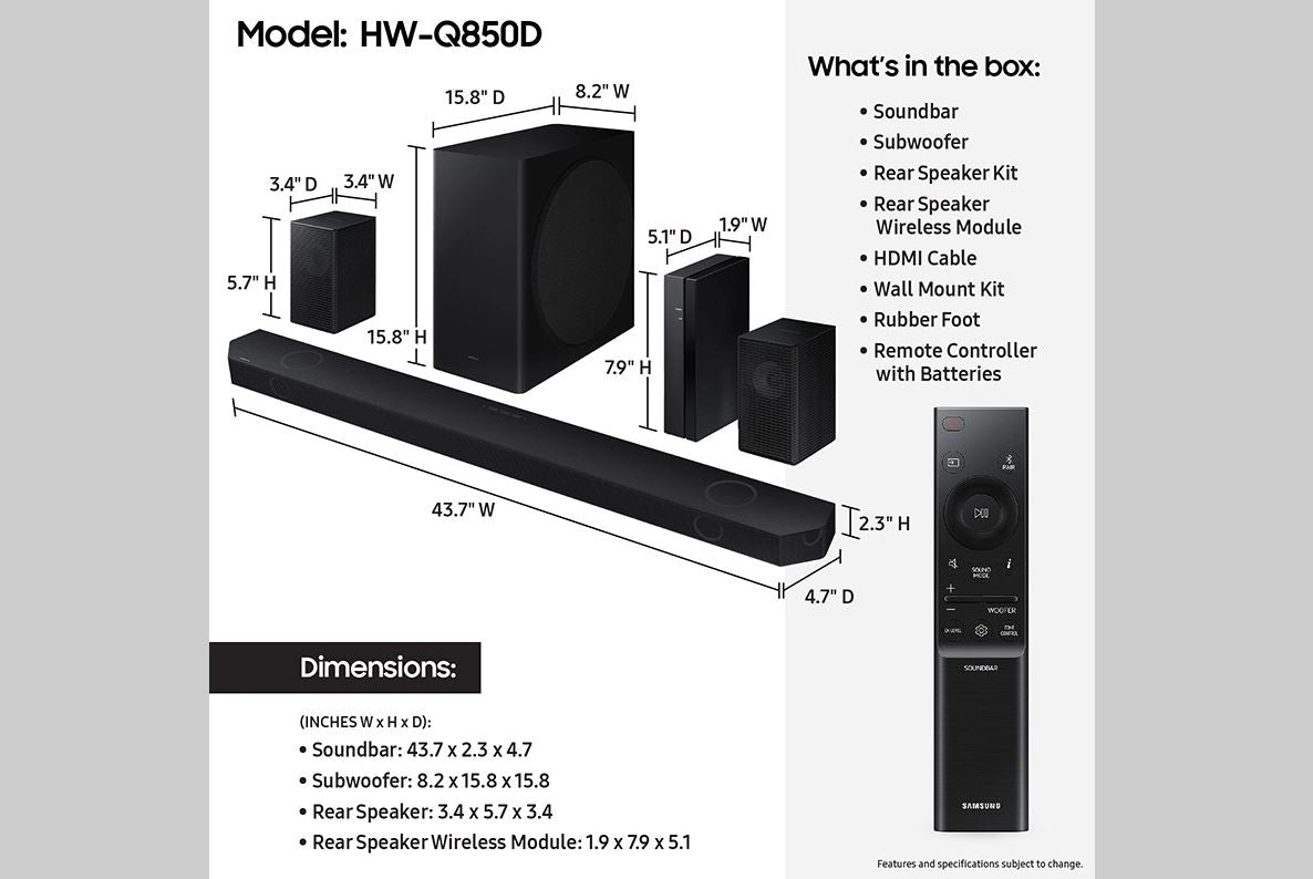 Samsung Q-series 7.1.2 ch. Dolby ATMOS Soundbar + Rear Speakers HW-Q850D/ZA