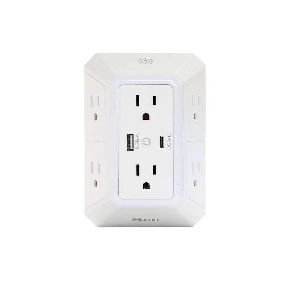 IHOME 6 AC Grounded Wall Tap with USB-C and LED Light -1080J Surge Protection 2IHAC1001WHTCB