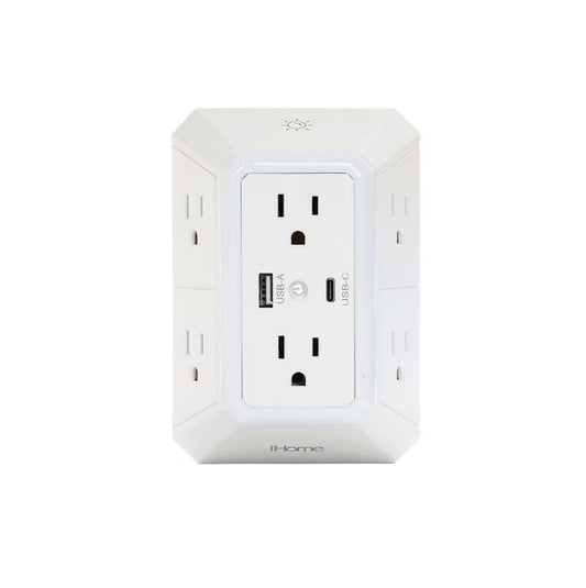 IHOME 6 AC Grounded Wall Tap with USB-C and LED Light -1080J Surge Protection 2IHAC1001WHTCB