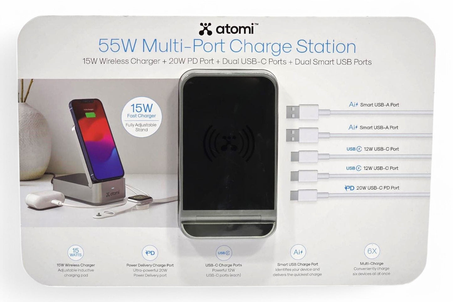 Atomi 55W Multi port charging station Qi, 20W PD port, 2x USB-C ports, 2x USB-A ports - AT1705-55W