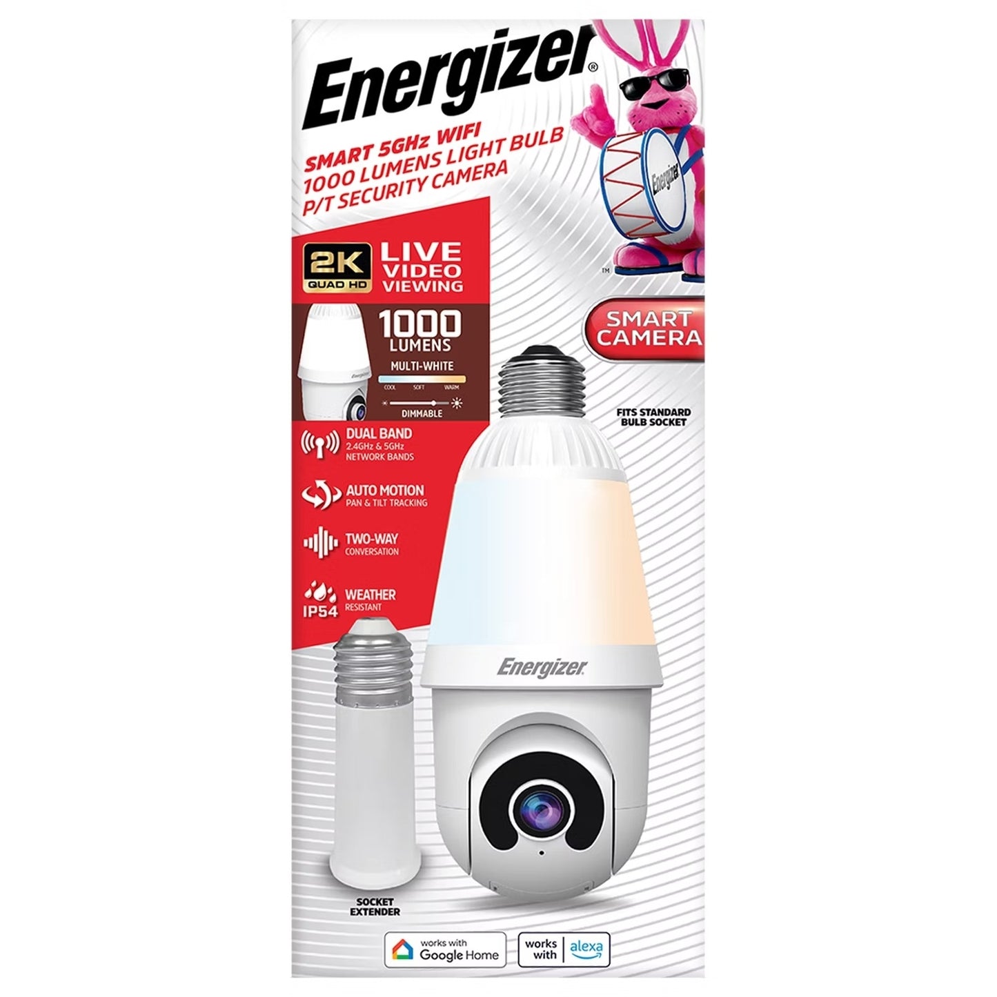 Energizer 1000 Lumens Light Bulb Camera, 2K Outdoor Smart Home Security Camera w/ Auto-Motion