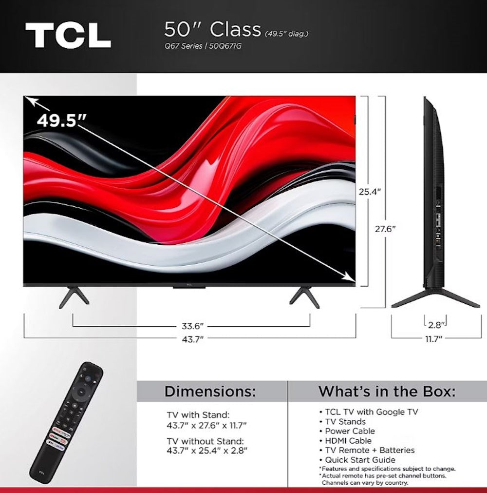 TCL 50" Q Class 4K UHD HDR QLED Dolby Vision, HDR10+, Dolby Atmos Audio, Game Accelerator 120, Google Smart TV 50Q671G