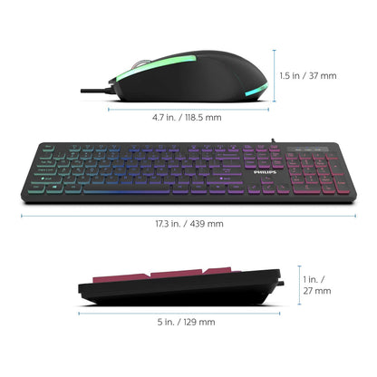PHILIPS Wired Keyboard and Mouse Combo | LED Keyboard + Ambidextrous RGB Optical Mouse SPT8264