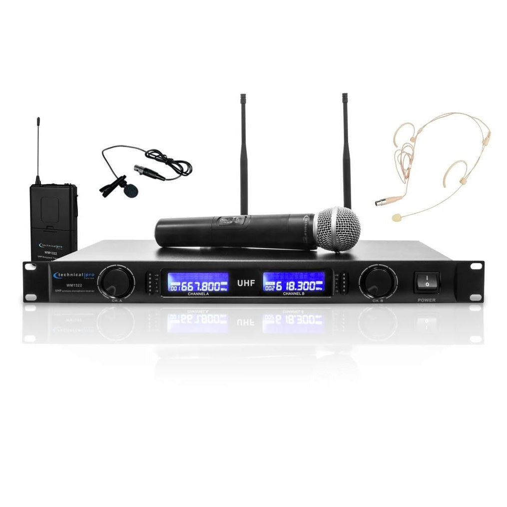 Technical Pro WM1322 Professional Dual UHF Wireless Handheld, Lapel & Headset Microphone System