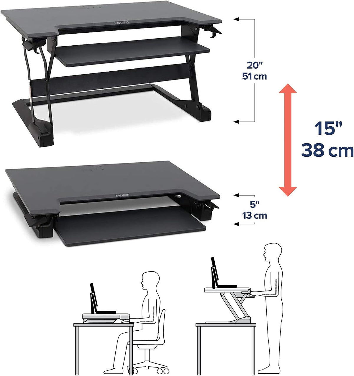 Ergotron WorkFit-TL 38"W Adjustable Standing Desk Converter, Black/Dark Gray 33-406-085