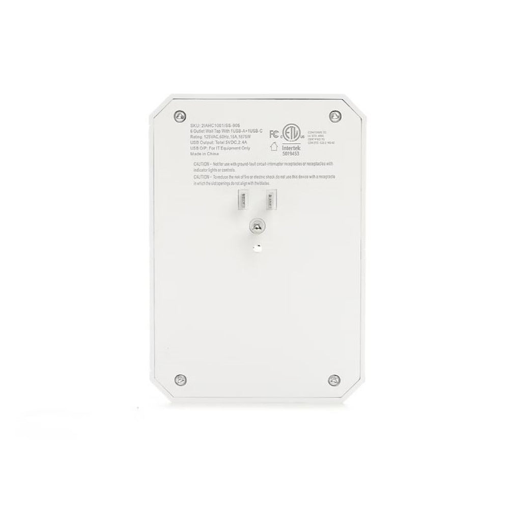 IHOME 6 AC Grounded Wall Tap with USB-C and LED Light -1080J Surge Protection 2IHAC1001WHTCB