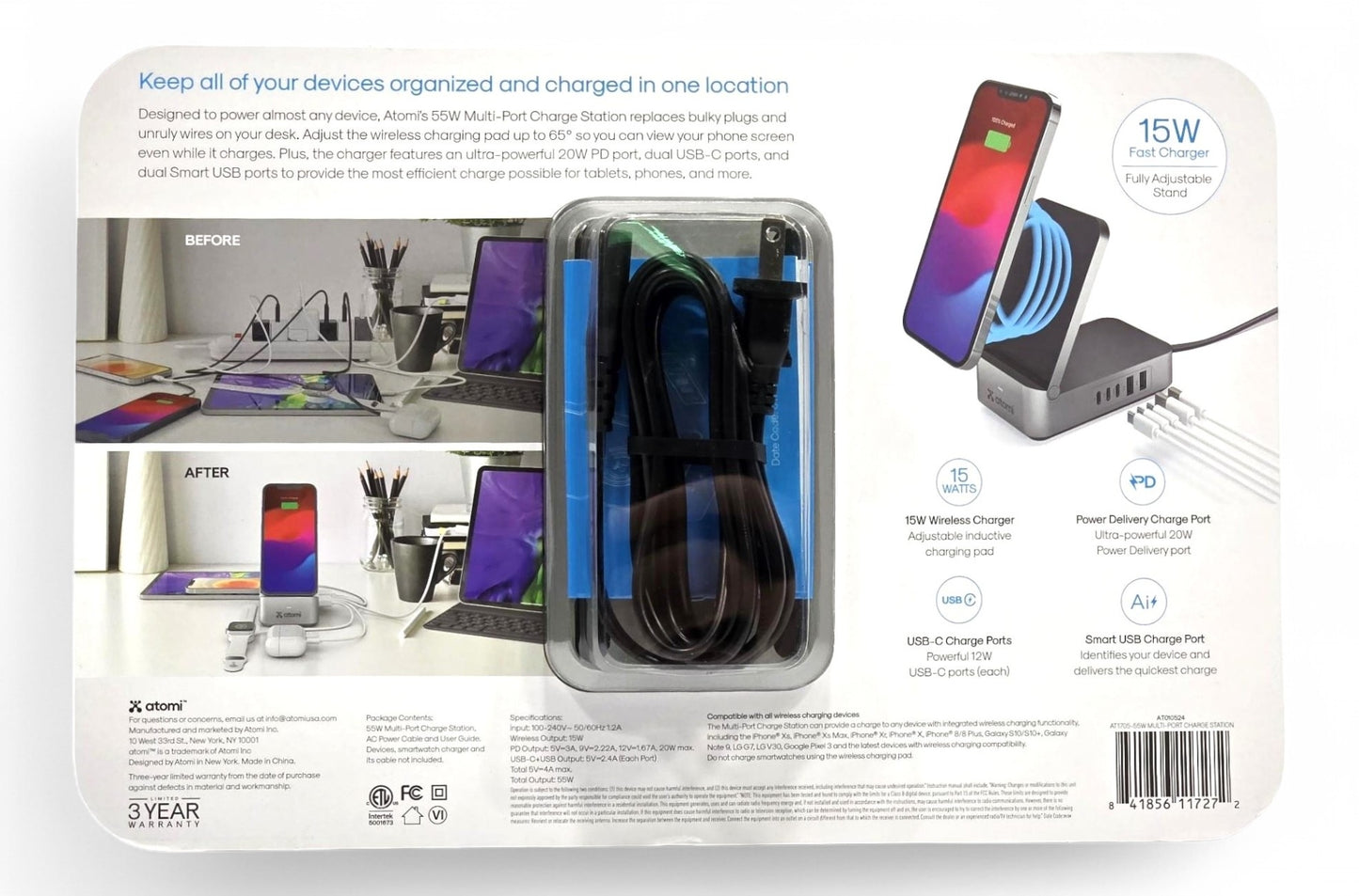 Atomi 55W Multi port charging station Qi, 20W PD port, 2x USB-C ports, 2x USB-A ports - AT1705-55W