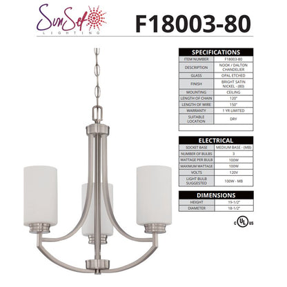 Sunset Lighting Dalton 3-Light Chandelier Opal Etched Glass Bright Satin Nickel Finish F18003-80