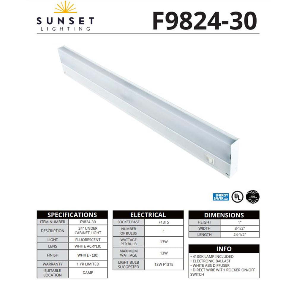 Sunset Lighting 24" 16W Hardwired Under Cabinet Light Bar Light F9824-30