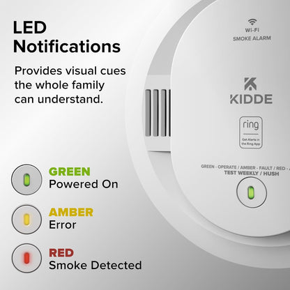 Kidde - Smart Smoke Detector, Ring App Enabled for Real-Time Notifications, Hardwired Alarm, AA Backup Battery - White