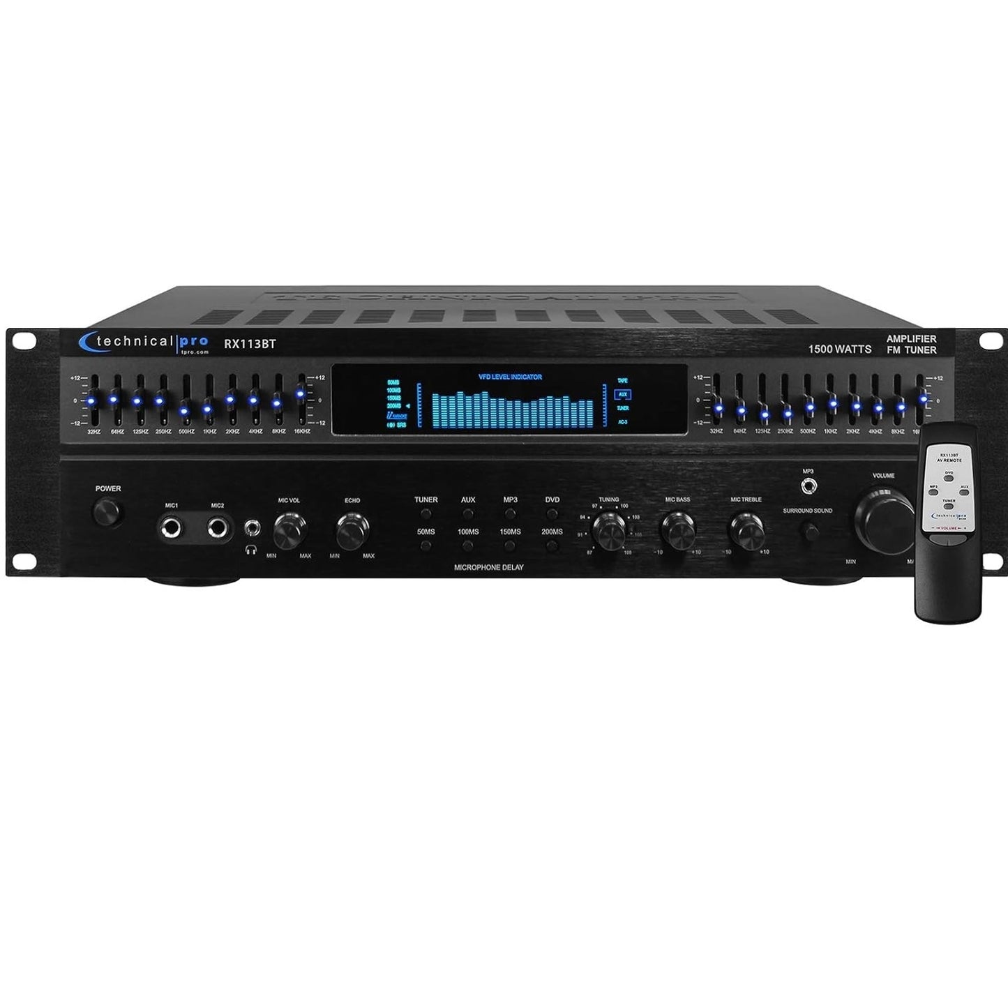 Technical Pro RX113BT 1500w Bluetooth Home Receiver Amplifier Amp w/ 10 Band EQ