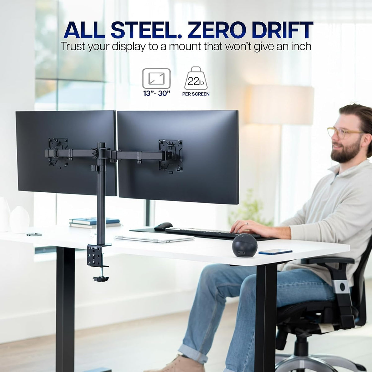 VIVO Dual Monitor Desk Mount, Holds 2 Computer Screens up to 30 inches and 22lbs Each Black, STAND-V002