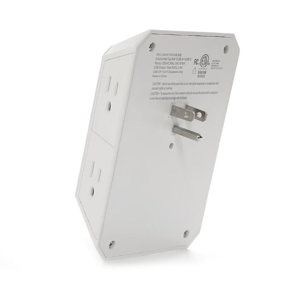 IHOME 6 AC Grounded Wall Tap with USB-C and LED Light -1080J Surge Protection 2IHAC1001WHTCB