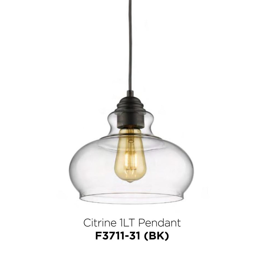 Sunset Lighting 1 Light 60 Watt Citrine Clear Glass Pendant F3711-31 Black Cord